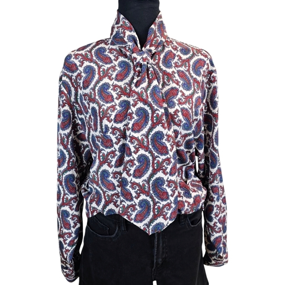 Vintage 1970s Leslie Fay Paisley Bow Collar Blouse Size Medium Red White Retro - Picture 6 of 15